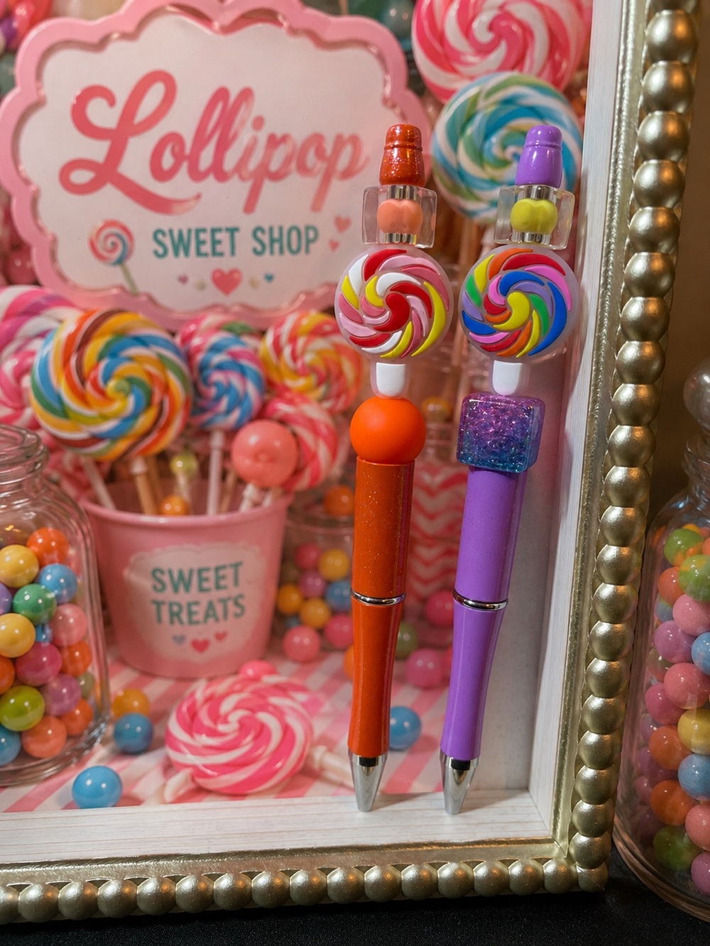 2pc Lollipop Candy Top Pens - Orange & Purple